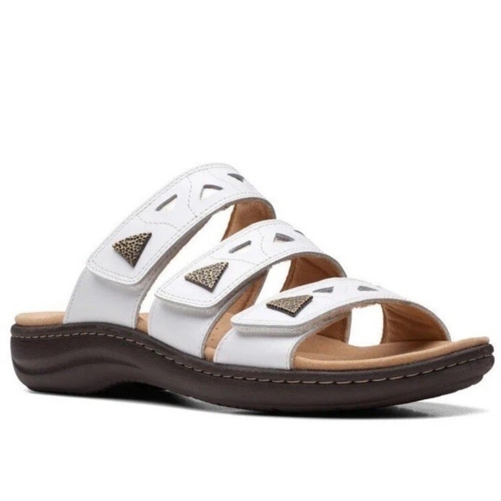 Clarks Sandal Laurieann Nora White Leather Adjustable Bands Slide Women's 12M